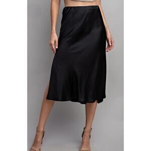 Eesome Women L Black Bias Satin Slip Midi Skirt Slit Classic 90s Minimalist